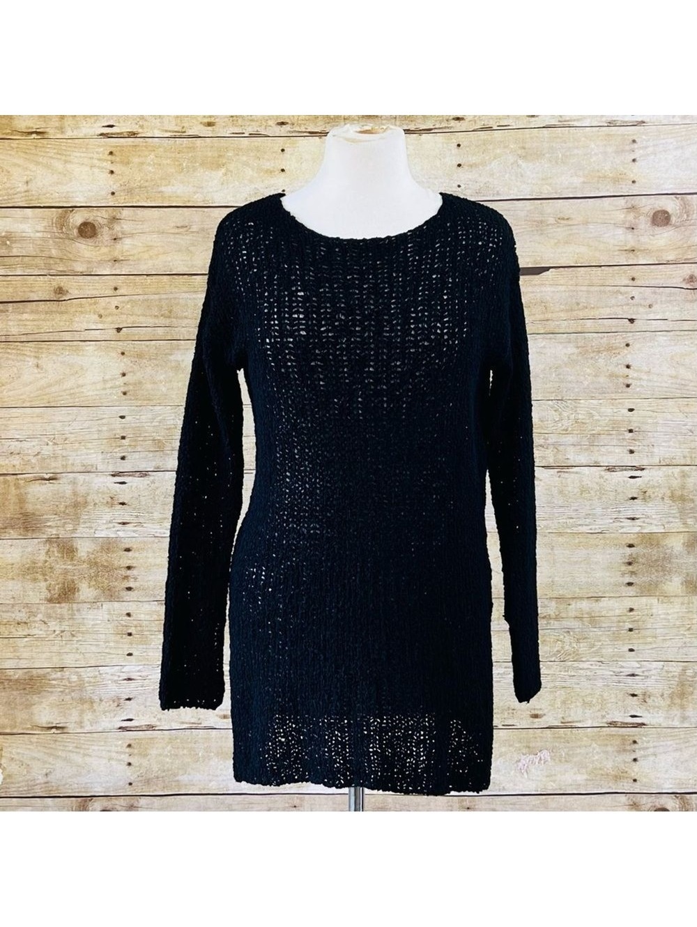 H&M Black Open Knit Sweater Tunic Long Sleeve Crew Neck XS